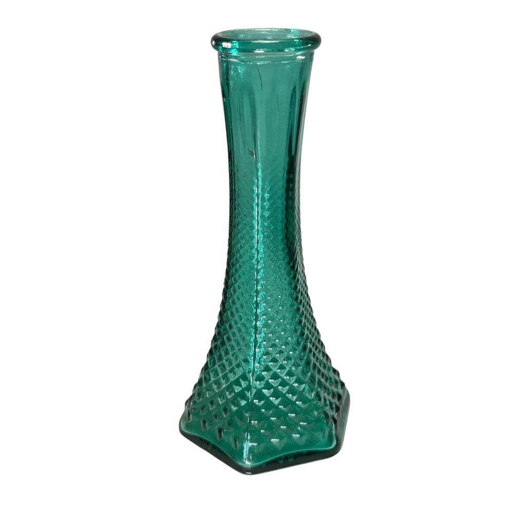Vtg EO Brody Co Teal Blue Green Vase Glass Hexagonal Diamond Pattern 6 inch Ohio
